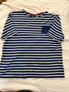 Saint James Navy and White Striped Short Sleeve Tee with Red Neckline
